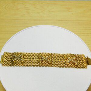 Gold Tone Mesh Bracelet with Rhinestone X's
